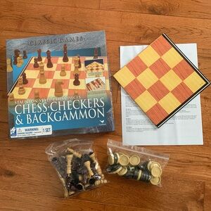 3-in-1 Folding Chess, Checkers and Backgammon Board Game Combo Set